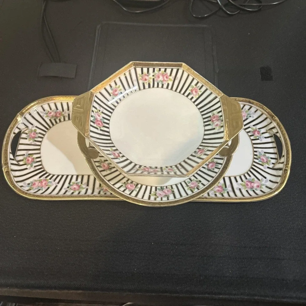 Vintage Nippon porcelain serving dishes set/three hand-painted different sizes